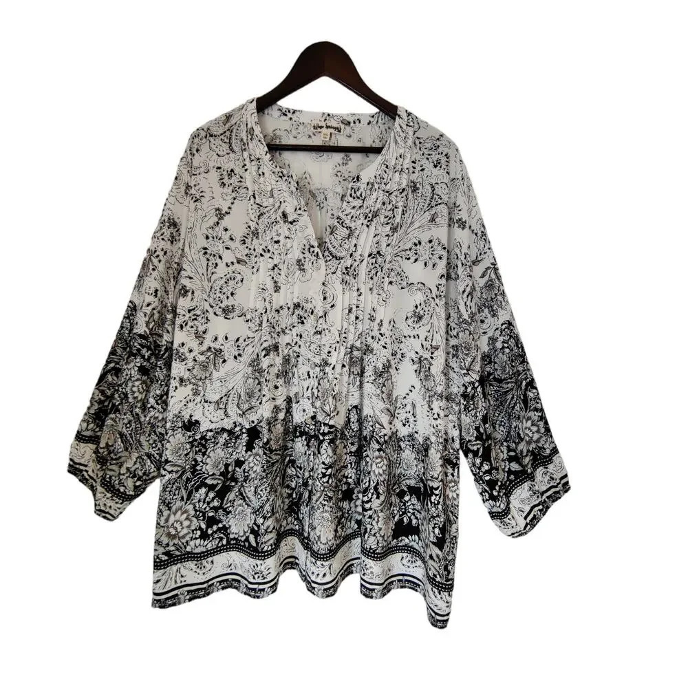 Paisley Floral Print White Black Blouse Long Bell Sleeve Boho Sz XXL 100% Rayon